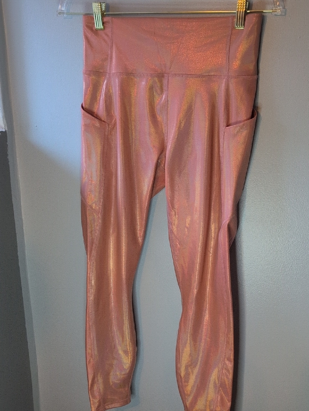 Fabletics Shimmery Rose Gold Leggings with Side Pockets